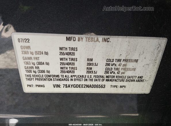 7SAYGDEE2NA006563 2022 TESLA MODEL Y Gray Widok komory silnika