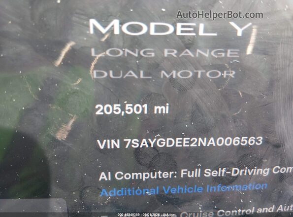 7SAYGDEE2NA006563 2022 TESLA MODEL Y Gray 