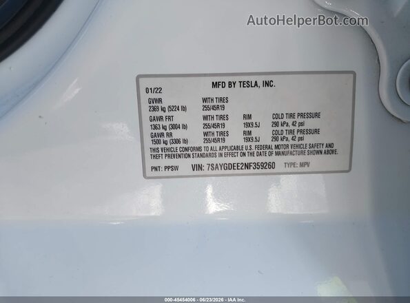 7SAYGDEE2NF359260 2022 TESLA MODEL Y White Շարժիչի բաժամունքի տեսք