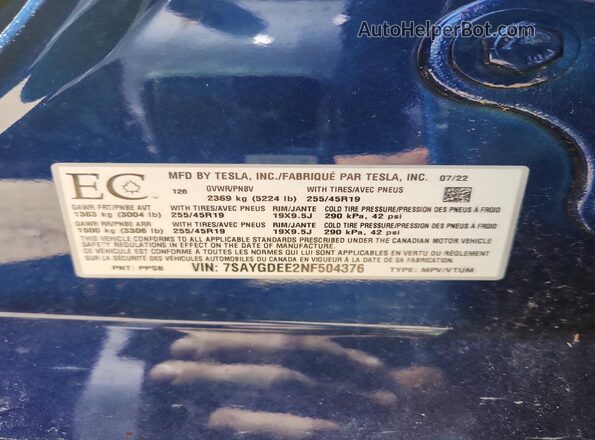 7SAYGDEE2NF504376 2022 TESLA OTHER Синий Вид наклейки с VIN-кодом