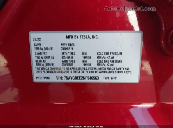 7SAYGDEE2NF546563 2022 TESLA MODEL Y Red Vista del compartimento del motor
