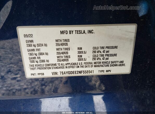 7SAYGDEE2NF558941 2022 TESLA MODEL Y Blue Շարժիչի բաժամունքի տեսք