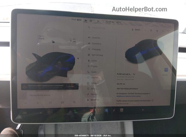 7SAYGDEE2NF558941 2022 TESLA MODEL Y Blue Հետևի նստատեղերի տեսք