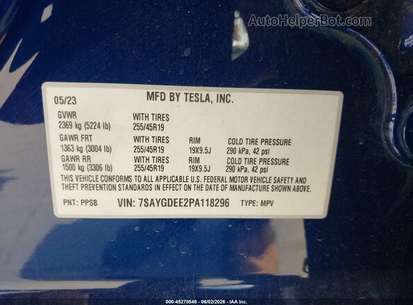 7SAYGDEE2PA118296 2023 TESLA MODEL Y Синий Вид подкапотного пространства