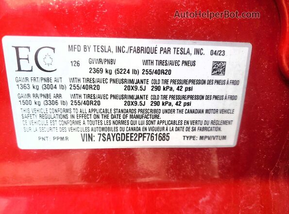 7SAYGDEE2PF761685 2023 TESLA MODEL Red Engine compartment view