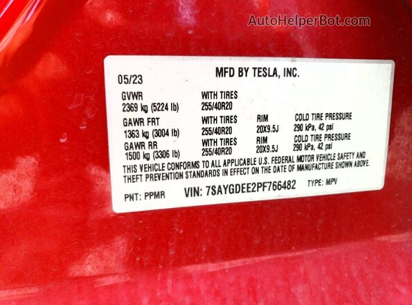 7SAYGDEE2PF766482 2023 TESLA MODEL Red Engine compartment view