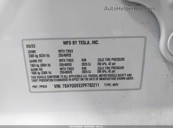 7SAYGDEE2PF792211 2023 TESLA MODEL Y Белый Вид подкапотного пространства