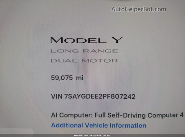 7SAYGDEE2PF807242 2023 TESLA MODEL Y Gray 360 interior view