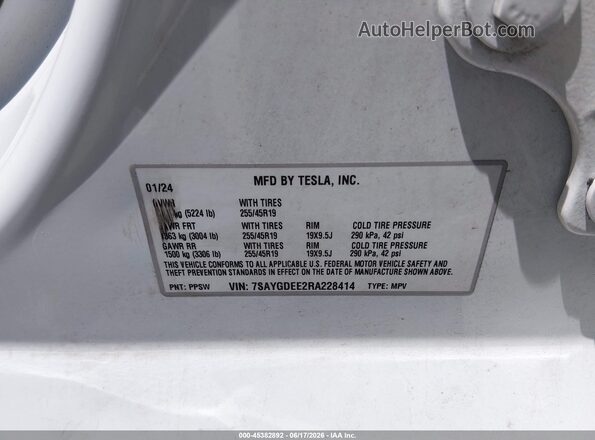 7SAYGDEE2RA228414 2024 TESLA MODEL Y White Engine compartment view