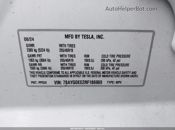 7SAYGDEE2RF186989 2024 TESLA MODEL Y White Շարժիչի բաժամունքի տեսք