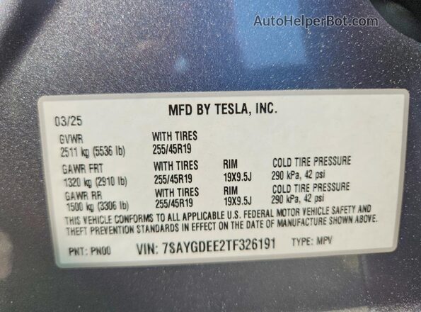7SAYGDEE2TF326191 2026 TESLA MODEL Silver VIN sticker view