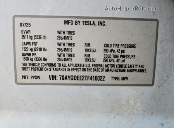 7SAYGDEE2TF416022 2026 TESLA MODEL White Շարժիչի բաժամունքի տեսք