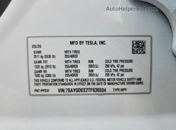 7SAYGDEE2TF636504 2026 TESLA MODEL White Շարժիչի բաժամունքի տեսք
