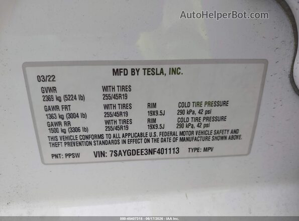 7SAYGDEE3NF401113 2022 TESLA MODEL Y Белый Вид подкапотного пространства