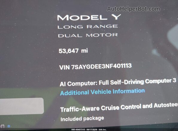 7SAYGDEE3NF401113 2022 TESLA MODEL Y Белый 