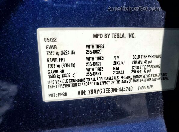 7SAYGDEE3NF444740 2022 TESLA MODEL Blue Vista del compartimento del motor