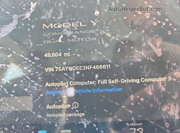 7SAYGDEE3NF466611 2022 TESLA MODEL White Սարքավորումների վահանակի տեսք