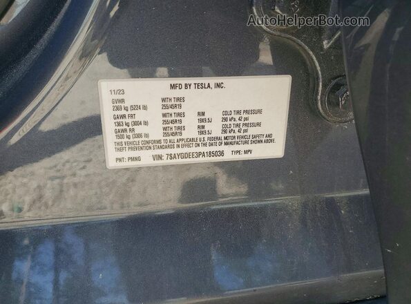 7SAYGDEE3PA185036 2023 TESLA MODEL Gray Вид наклейки з VIN-кодом
