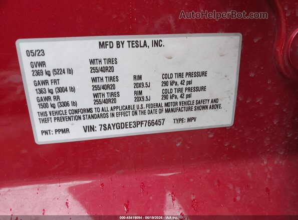 7SAYGDEE3PF766457 2023 TESLA MODEL Y Красный Вид подкапотного пространства
