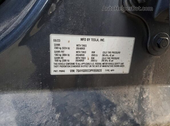7SAYGDEE3PF850620 2023 TESLA MODEL Gray VIN sticker view