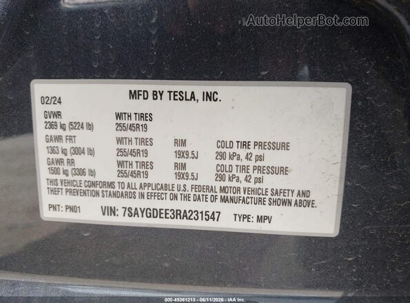 7SAYGDEE3RA231547 2024 TESLA MODEL Y Black Engine compartment view