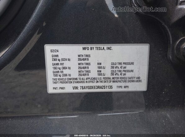 7SAYGDEE3RA251135 2024 TESLA MODEL Y Серый Вид подкапотного пространства