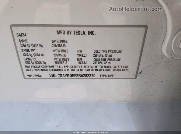 7SAYGDEE3RA282370 2024 TESLA MODEL Y White Շարժիչի բաժամունքի տեսք