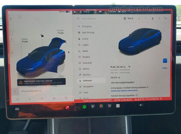 7SAYGDEE3TA394917 2026 TESLA MODEL Blue Вид щитка приладів