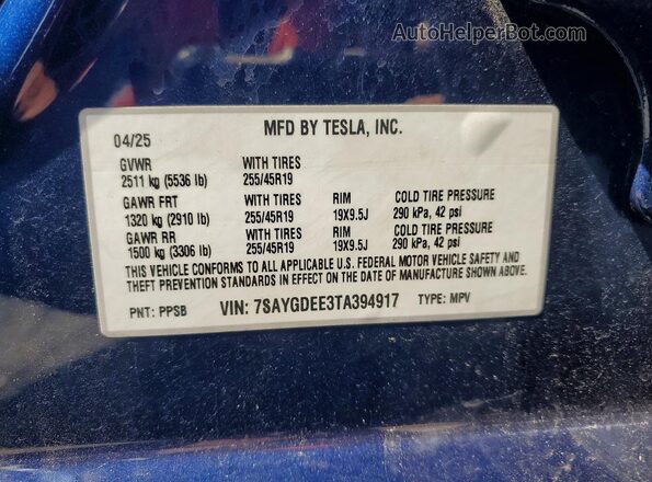 7SAYGDEE3TA394917 2026 TESLA MODEL Blue Вид підкапотного простору