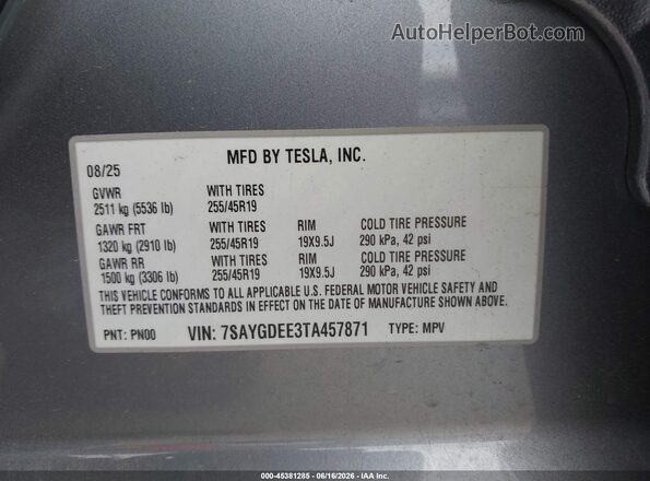 7SAYGDEE3TA457871 2026 TESLA MODEL Y Gray Շարժիչի բաժամունքի տեսք