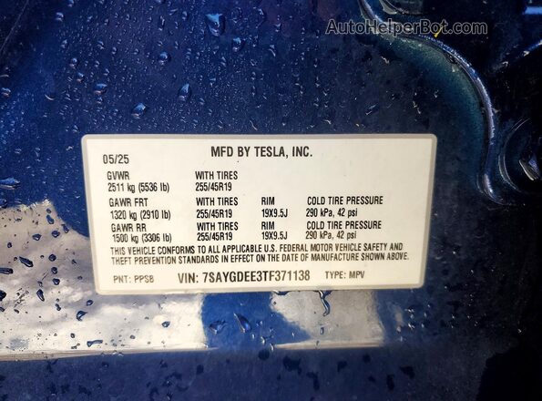 7SAYGDEE3TF371138 2026 TESLA MODEL Blue Widok komory silnika