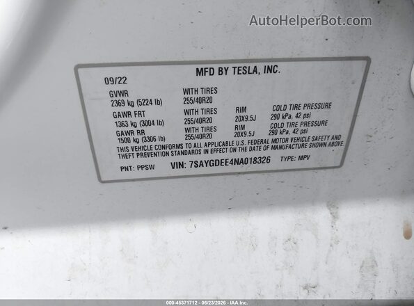7SAYGDEE4NA018326 2022 TESLA MODEL Y White Widok komory silnika