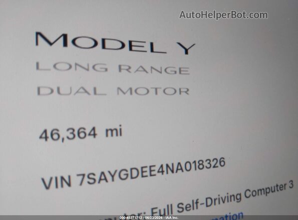 7SAYGDEE4NA018326 2022 TESLA MODEL Y White 