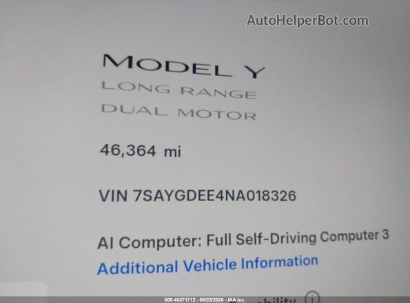 7SAYGDEE4NA018326 2022 TESLA MODEL Y White Widok tylnych siedzeń
