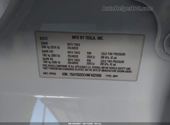 7SAYGDEE4NF402996 2022 TESLA MODEL Y Белый Вид подкапотного пространства