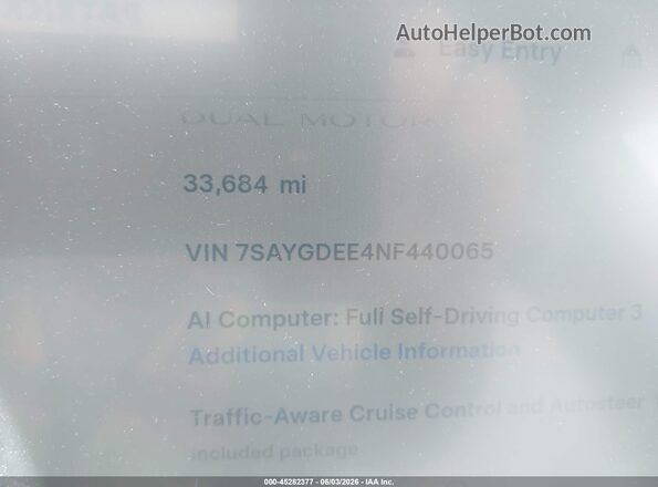 7SAYGDEE4NF440065 2022 TESLA MODEL Y Белый Панорамный вид салона 360°