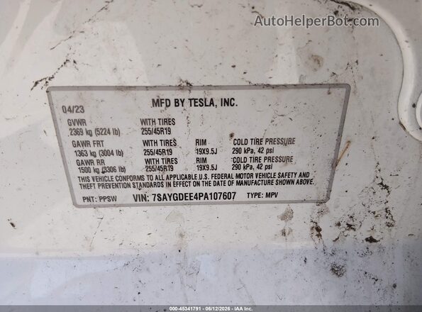 7SAYGDEE4PA107607 2023 TESLA MODEL Y White Вид підкапотного простору