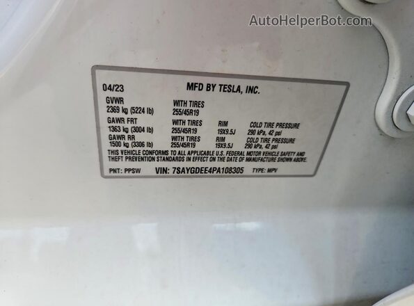 7SAYGDEE4PA108305 2023 TESLA MODEL White VIN sticker view