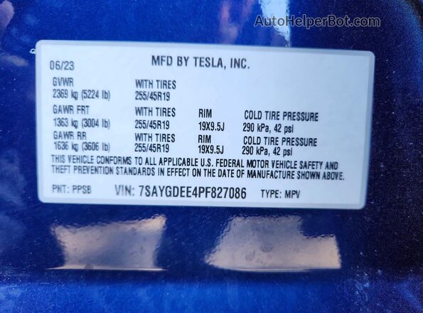 7SAYGDEE4PF827086 2023 TESLA MODEL Blue 
