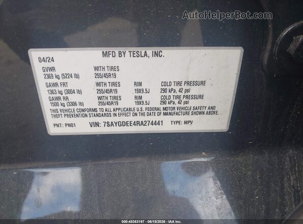 7SAYGDEE4RA274441 2024 TESLA MODEL Y Gray Engine compartment view
