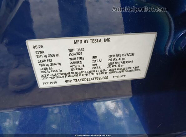 7SAYGDEE4TF392600 2026 TESLA MODEL Y Blue Engine compartment view