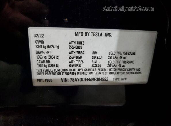 7SAYGDEE5NF384993 2022 TESLA MODEL Black Вид підкапотного простору