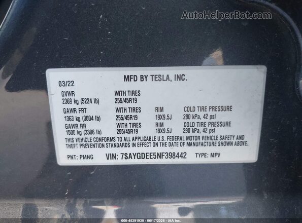 7SAYGDEE5NF398442 2022 TESLA MODEL Y Gray Vista del compartimento del motor