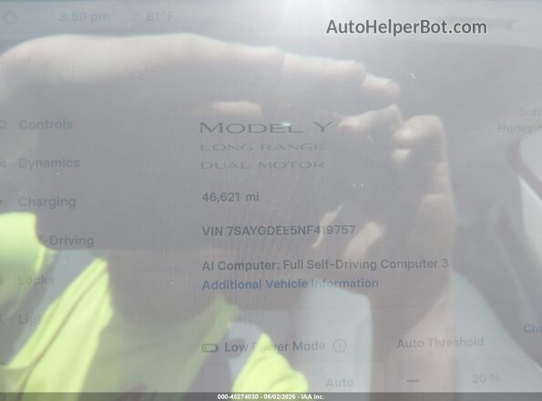 7SAYGDEE5NF419757 2022 TESLA MODEL Y Красный Вид задних сидений