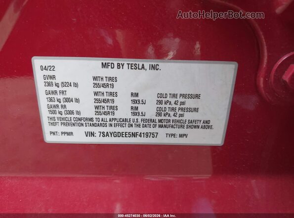 7SAYGDEE5NF419757 2022 TESLA MODEL Y Красный Вид подкапотного пространства