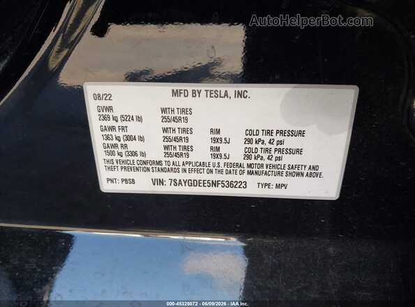 7SAYGDEE5NF536223 2022 TESLA MODEL Y Black ძრავის განყოფილების ხედი