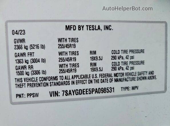 7SAYGDEE5PA098531 2023 TESLA MODEL White VIN կոդի պիտակի տեսք