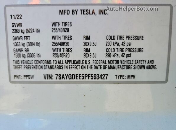 7SAYGDEE5PF593427 2023 TESLA MODEL White 