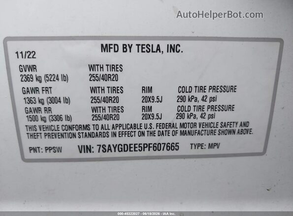 7SAYGDEE5PF607665 2023 TESLA MODEL Y White Շարժիչի բաժամունքի տեսք