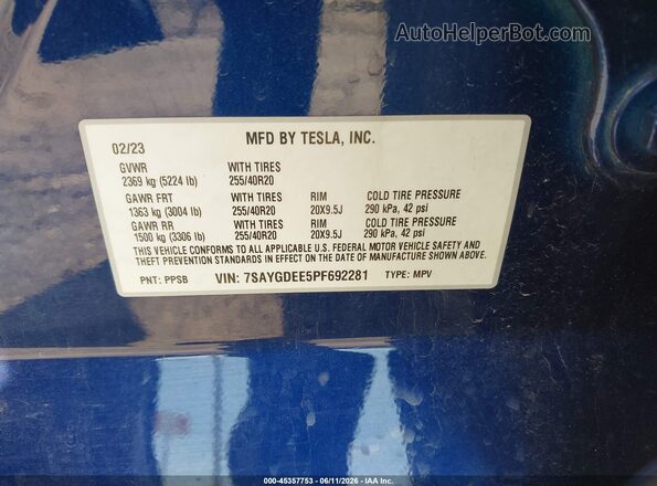7SAYGDEE5PF692281 2023 TESLA MODEL Y Blue Widok komory silnika